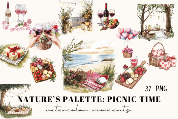 32 Watercolor Picnic Elements for Designers
