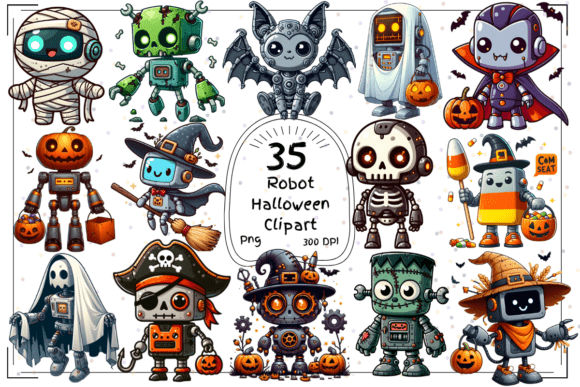 35 Halloween Robot Clipart Set: A Versatile Toolkit for Spooky-Creative Projects