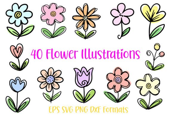 40 Heart Doodle Hand Drawn Flowers Flora
