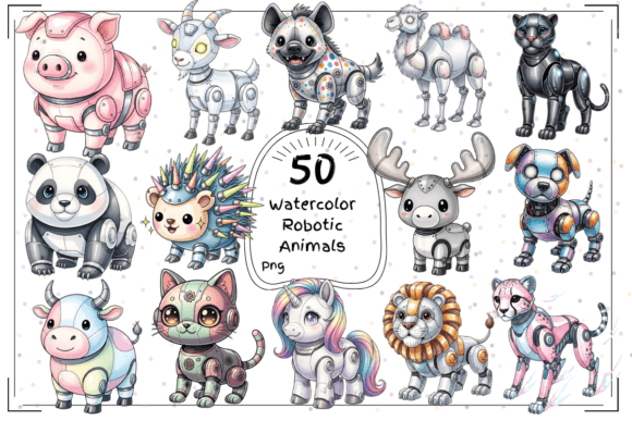 50 Watercolor Robotic Animals Clipart