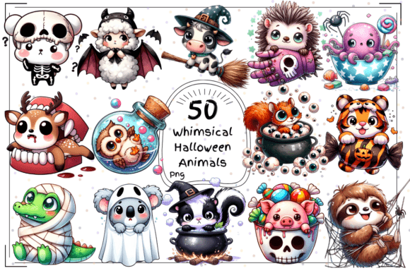 50 Watercolor Whimsical Halloween Animals